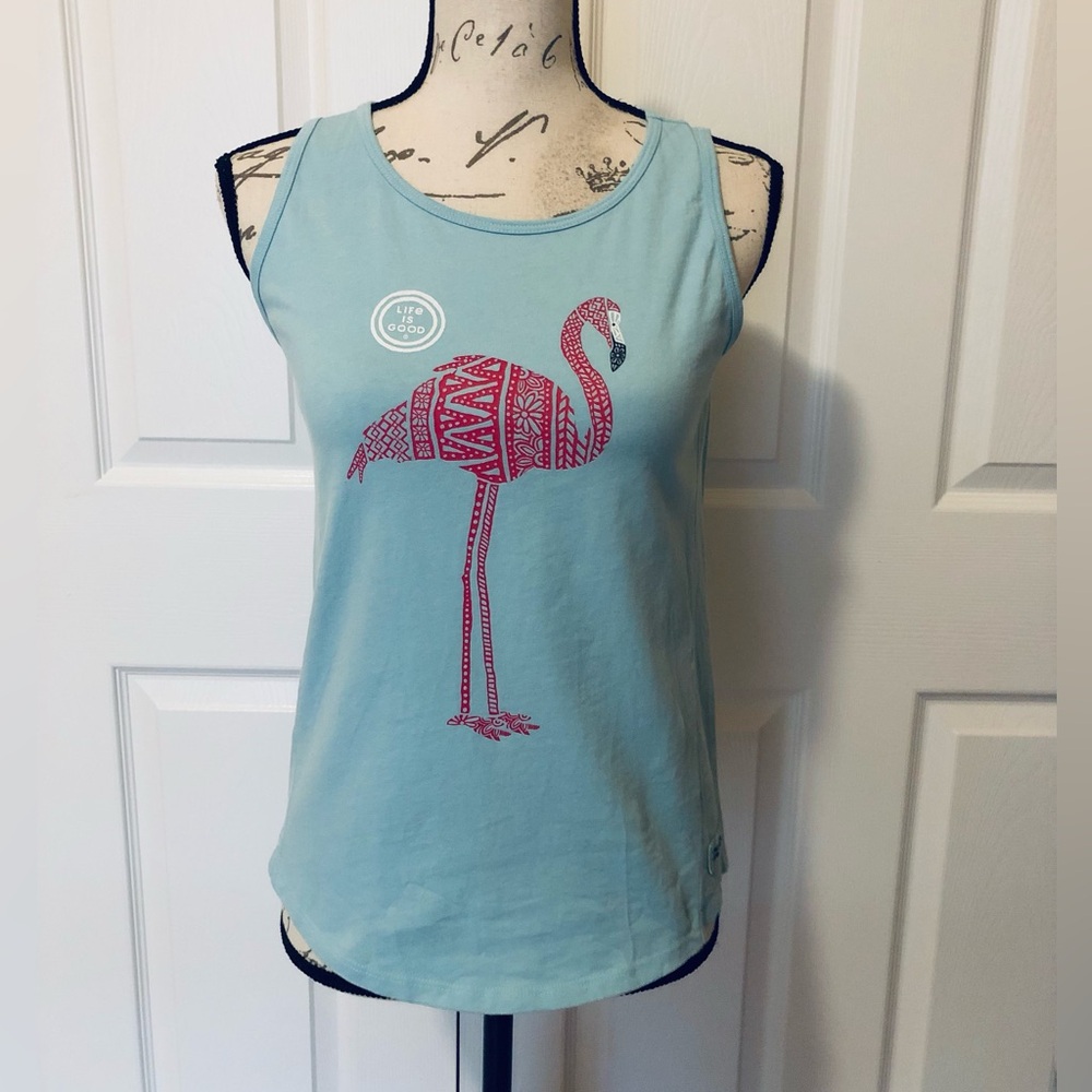 Life Is Good Light Blue Tank Top with Pink Flamingo